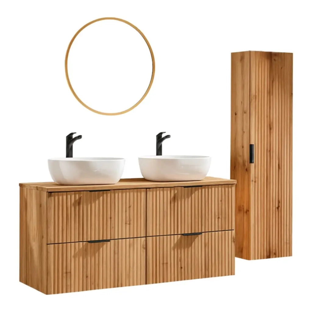 Set da bagno NOXERA 120 cm – Rovere wotan – 2 lavabi da appoggio, colonna e specchio LED