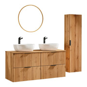 Set da bagno NOXERA 120 cm – Rovere wotan – 2 lavabi da appoggio, colonna e specchio LED
