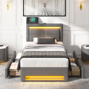 Letto imbottito 90x190 cm con USB, illuminazione LED e 4 cassetti, senza materasso, colore grigio