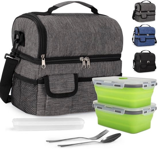 Borsa da Picnic 10L con Isolamento Termico, Borsa da Pranzo Portatile con Due Compartimenti, 2 Contenitori per Cibi e Set di Cucchiaini per Uomo, Donna, Scuola, Ufficio (Grigio, 2 Borse da Picnic)