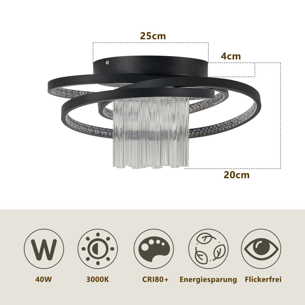 ZMH Plafoniera LED moderna rotonda nera luce bianca calda 3000K 40W lampada in vetro per corridoio ufficio o studio