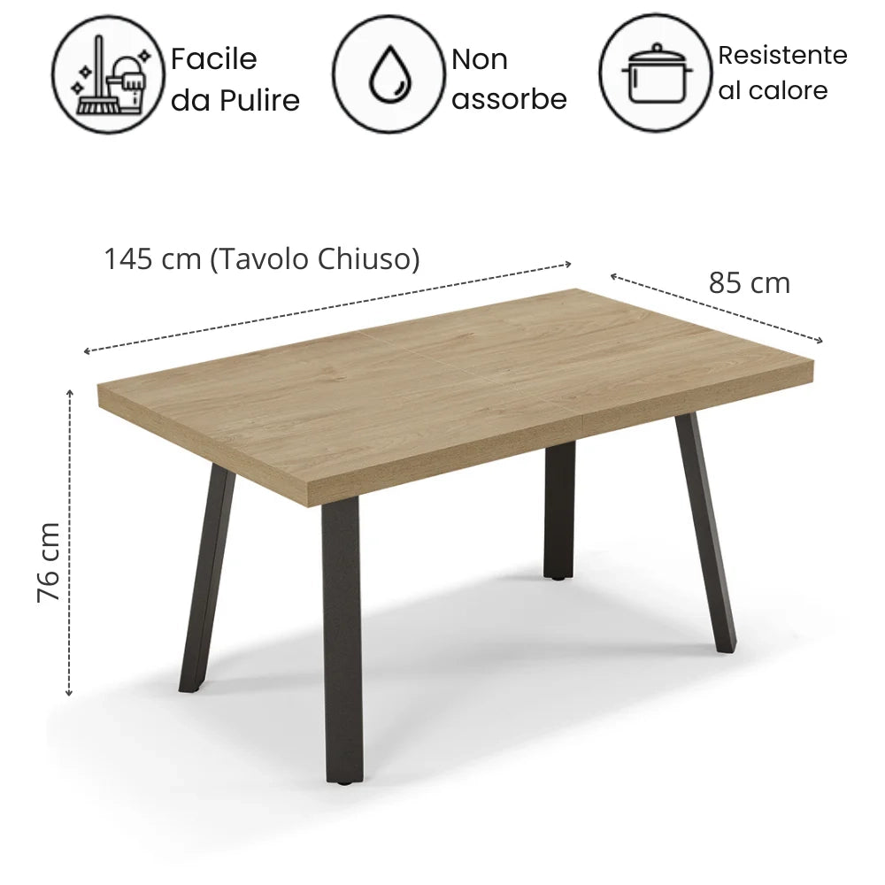 Tavolo allungabile da pranzo Noce Nodato 145x85 modello MIRO’ fino a 195 CM per sala da pranzo, cucina e soggiorno, design moderno con top in melaminico