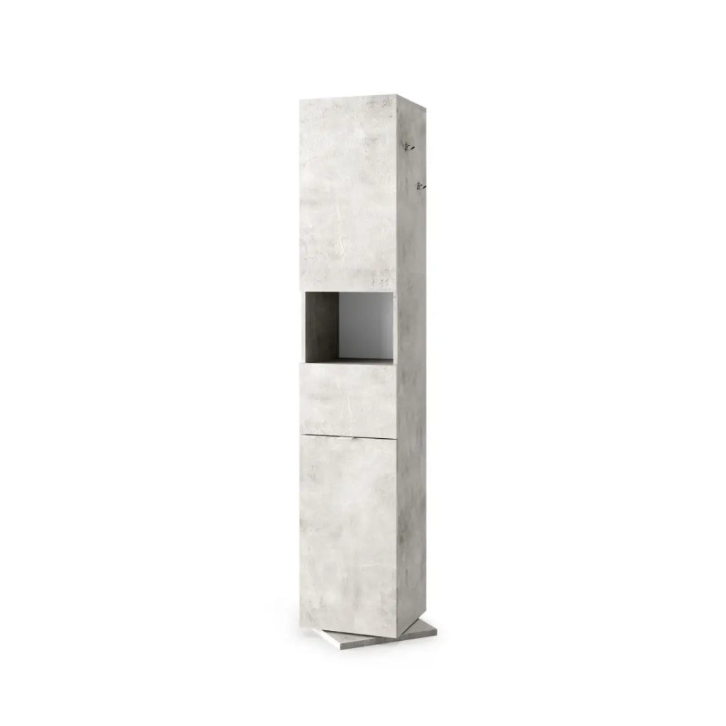 Colonna da bagno girevole con specchio, 2 porte e 1 cassetto, collezione BURA. Colore grigio effetto cemento.