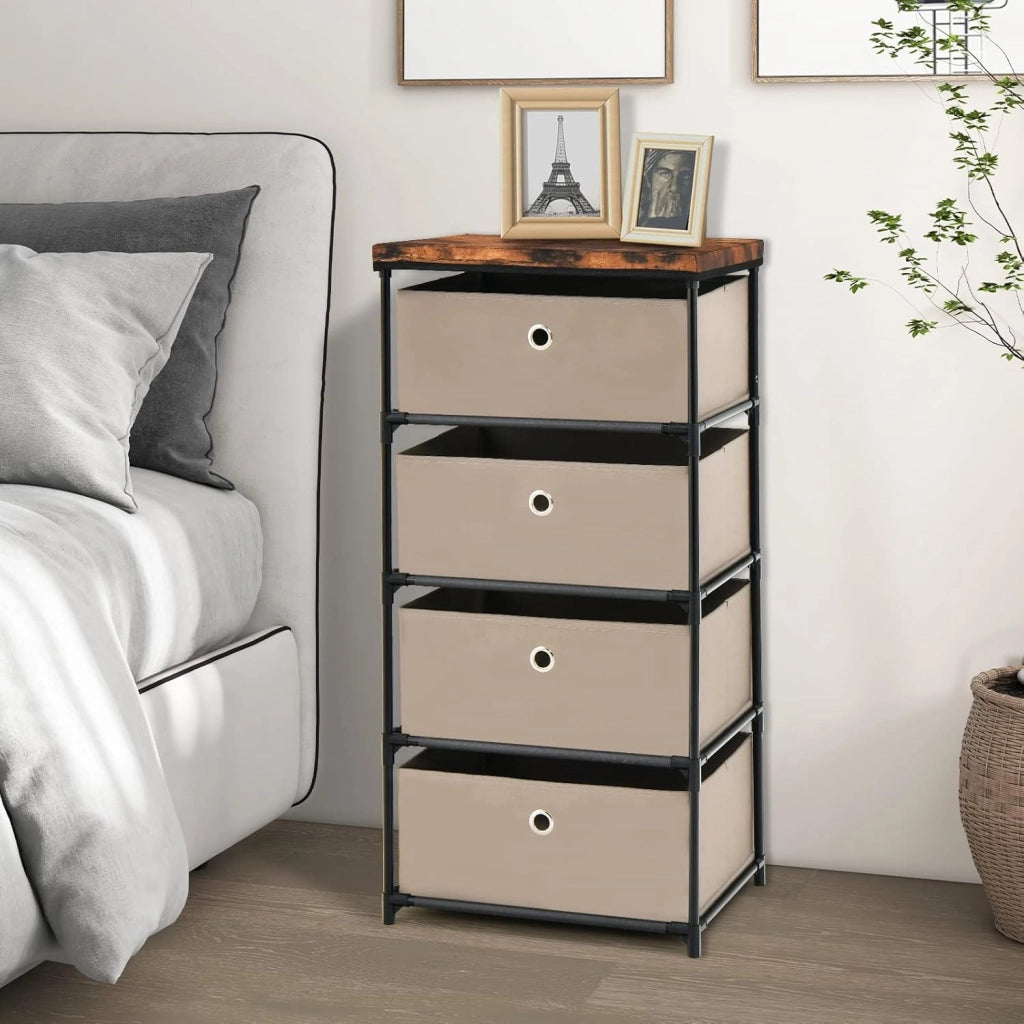 Cassettiera in Tessuto, Mobile con 4 Cassetti e Struttura Robusta in Metallo, Mobiletto Salvaspazio per Camera da Letto, Corridoio, Ingresso e Armadio, 42 x 33,5 x 84,5 cm (Marrone)