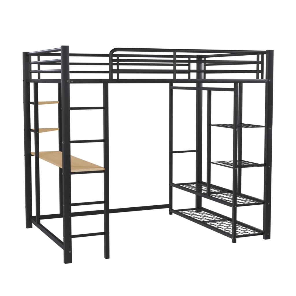 Letto a soppalco 140x200 cm con scrivania e ripiani in metallo nero