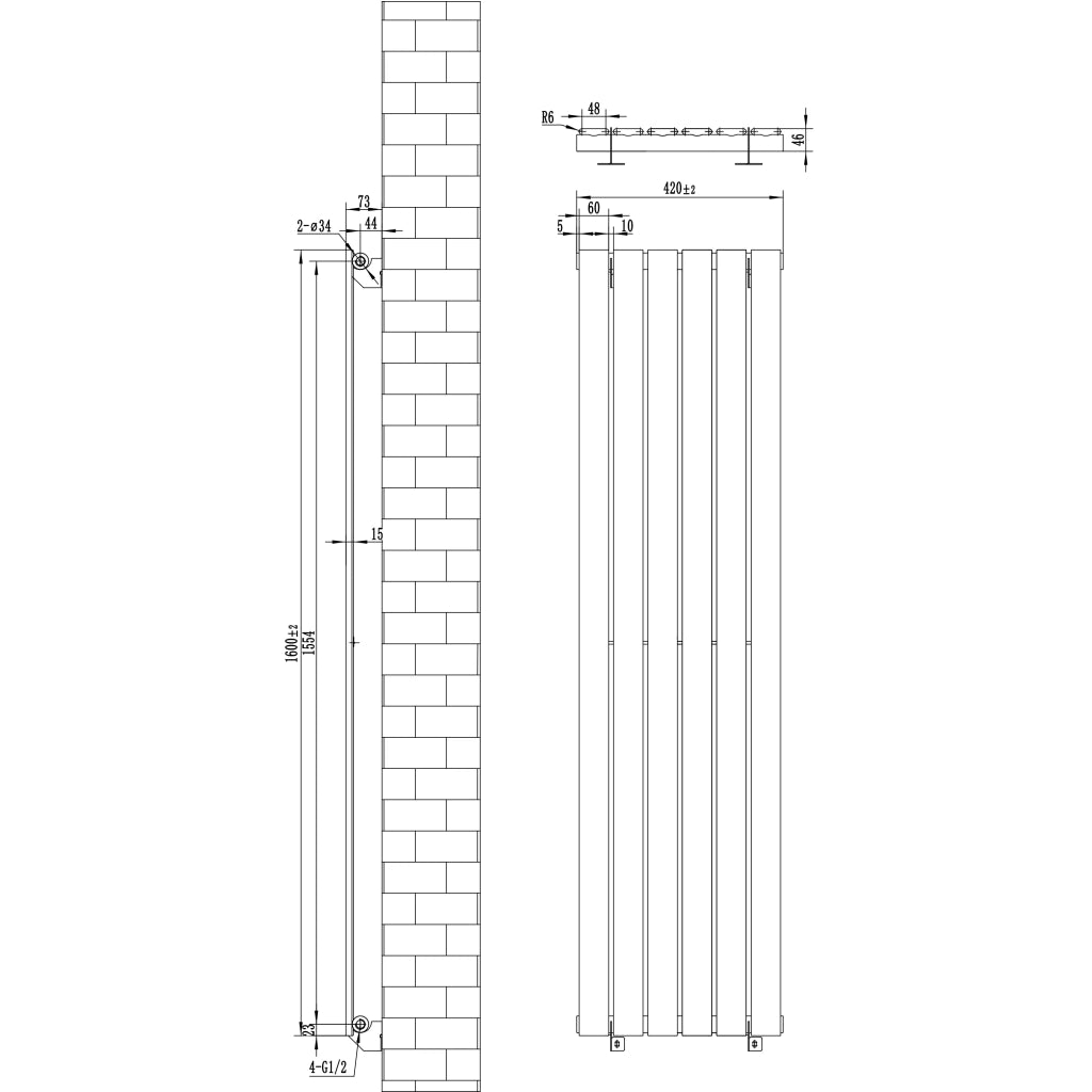 Radiatore Verticale Design Piatto Colonna Singola Antracite 1600x420 mm