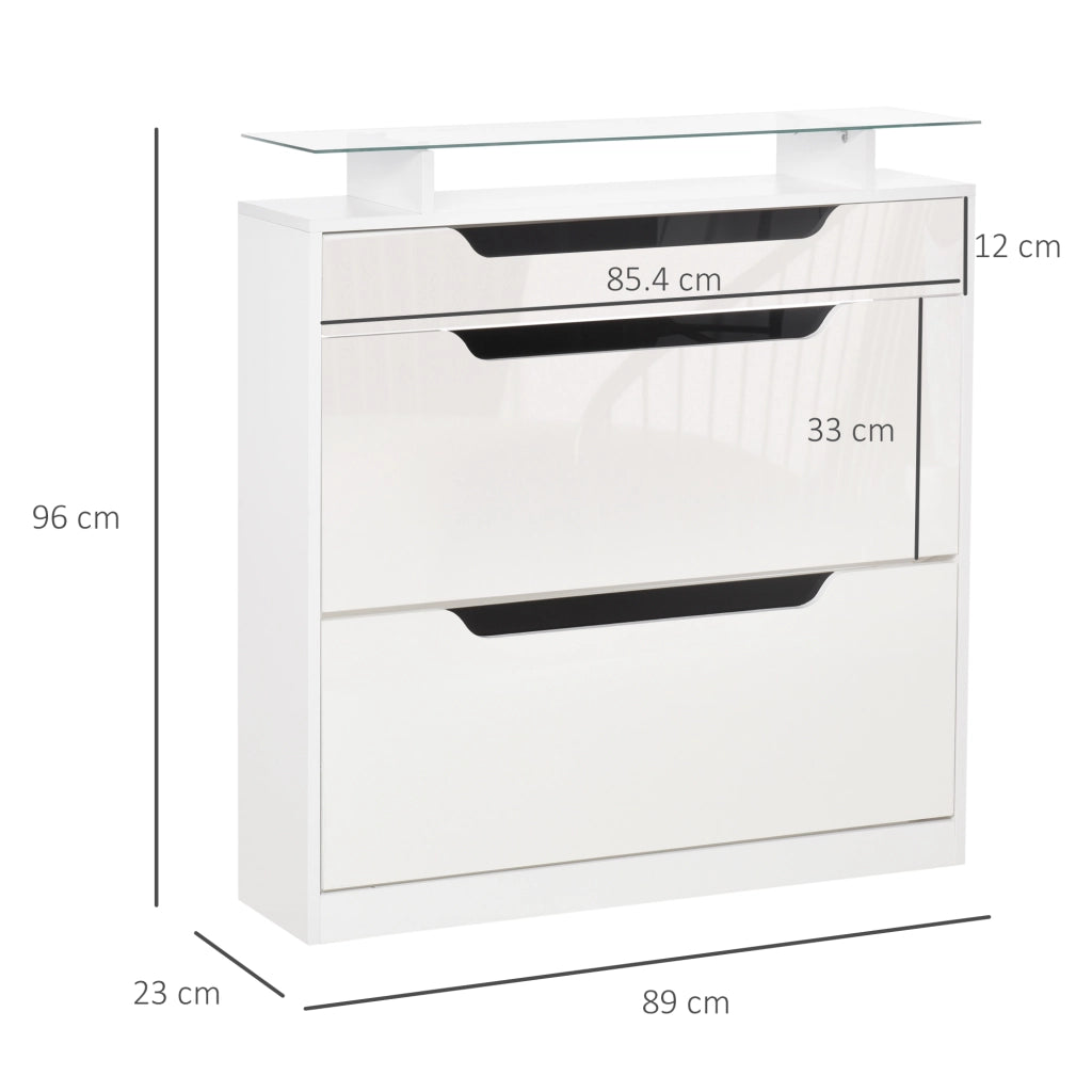 EasyComfort Scarpiera Moderna con 2 Cassetti per 16 Scarpe, Scarpiera a Ribalta con Mensola Regolabile e Ripiano in Vetro, 89x23x96cm, Bianco Lucido