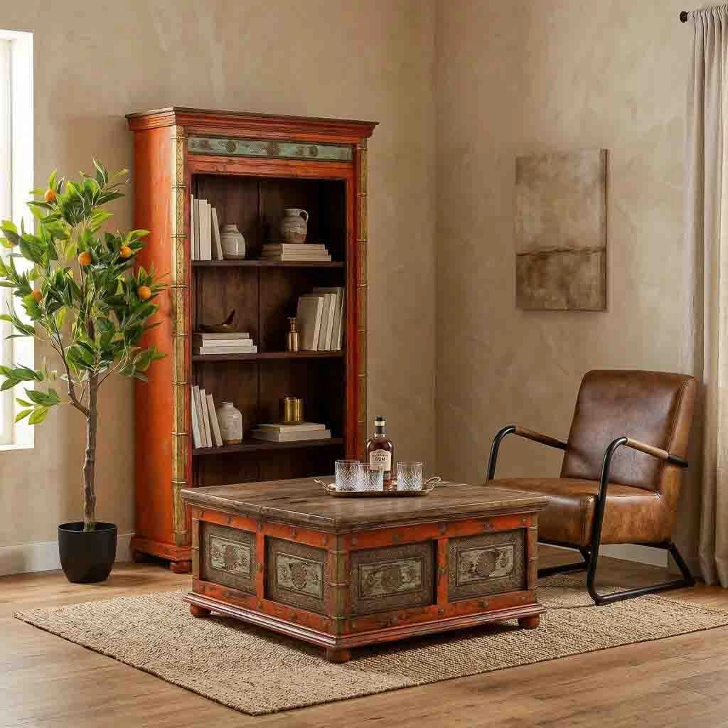 Tavolino artigianale in legno rosso 100x100x47h cm