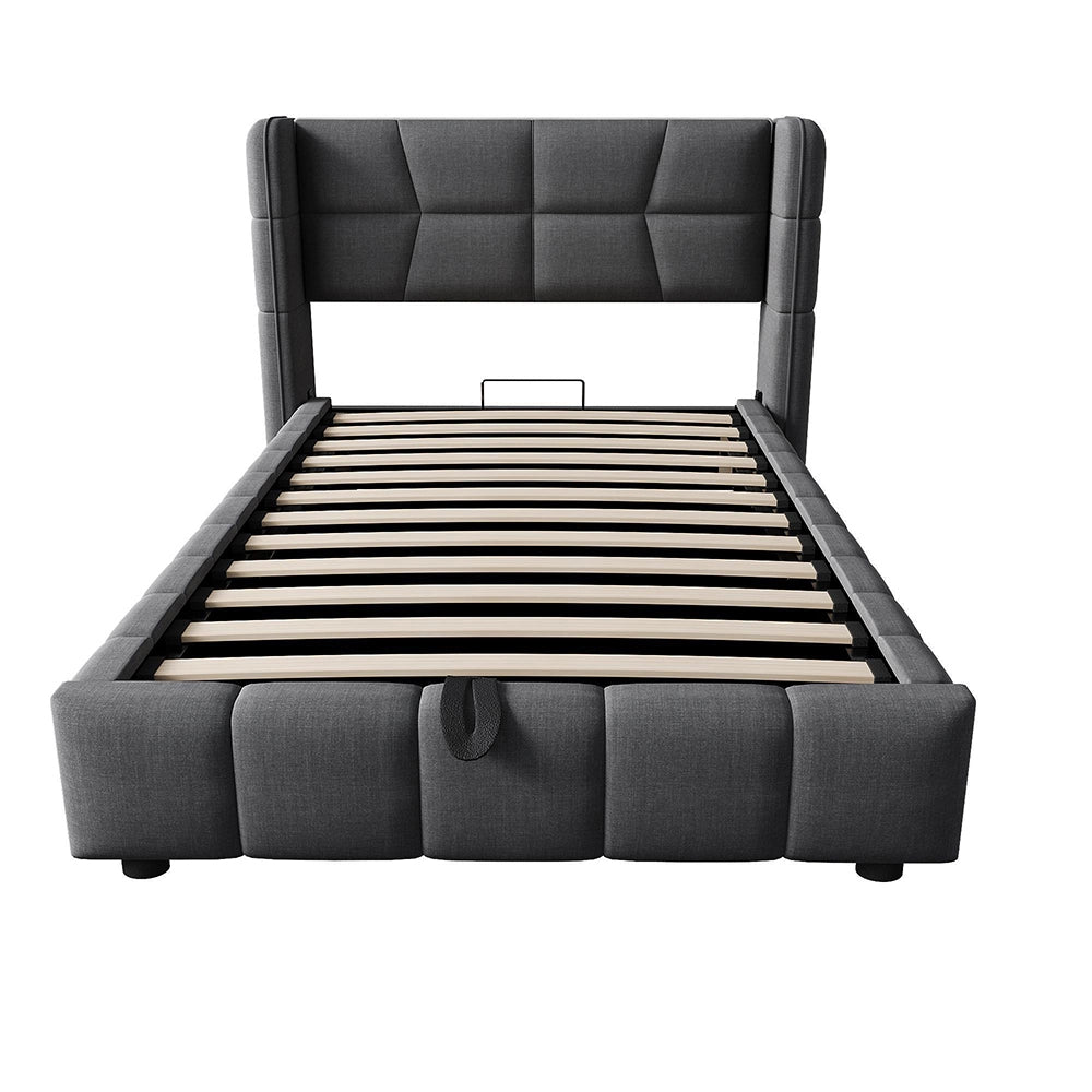 Letto imbottito per bambini - Xylo - 90x200 cm - Grigio - Testiera e sistema di stoccaggio pneumatico