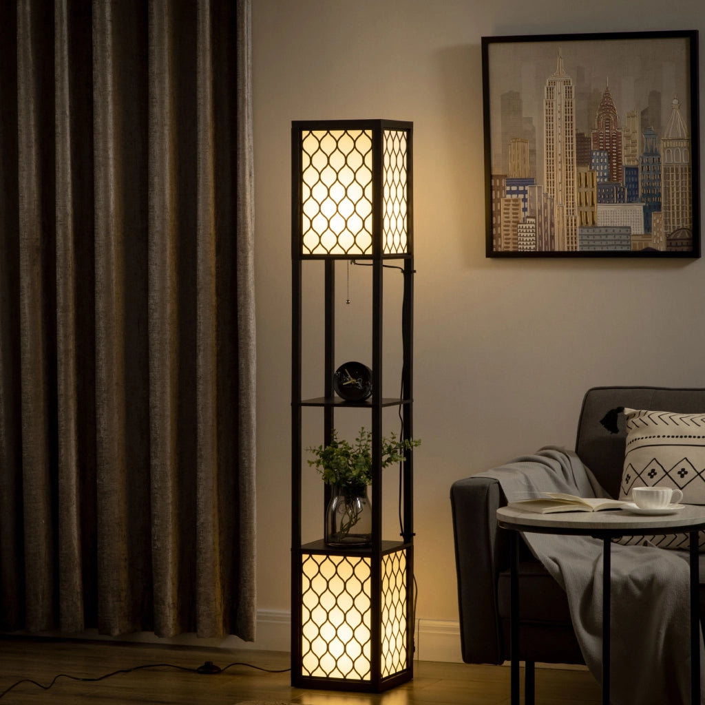 Lampada da terra con mensola e doppia luce, 40W, E27, interruttore a catenella, per soggiorno, camera da letto