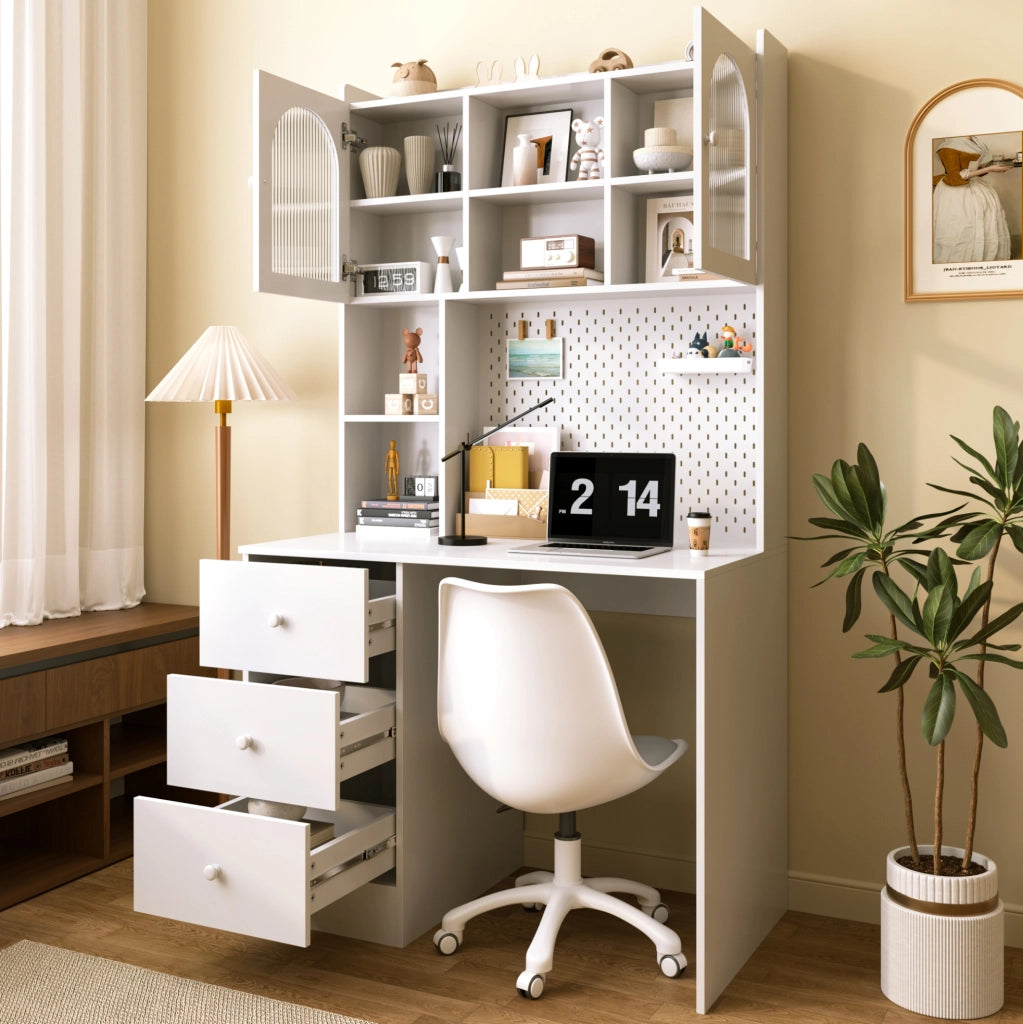 Scrivania multifunzionale con armadio e libreria integrati 100x55x180 cm; bianca in MDF