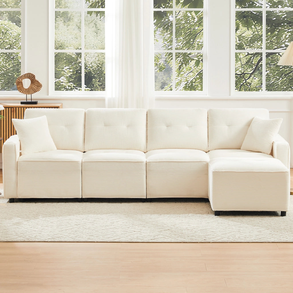 Divano dritto 4 posti con contenitore e pouf modulare, in velluto a coste, Beige, 280 × 146 × 85 cm
