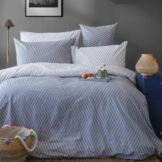 Set di coperte 135 x 200 cotone grigio bianco con reversibile coperta e cuscino. (135 x 200 + 80 x 80 cm)