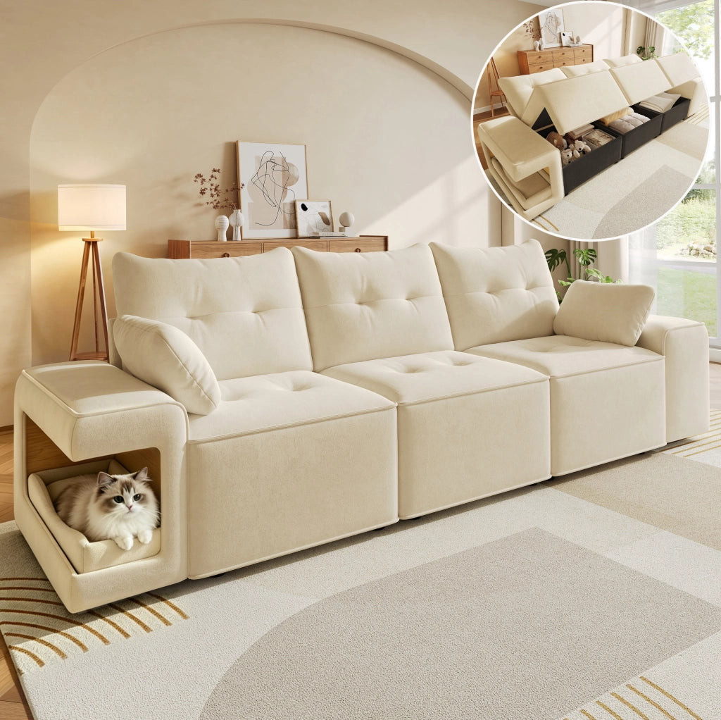 Divano modulare 3 posti in velluto beige con vani per animali