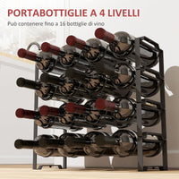Portabottiglie a 4 Livelli a Onda 42.5x16,5x41 cm Impilabili per 16 Bottiglie in Metallo Nero