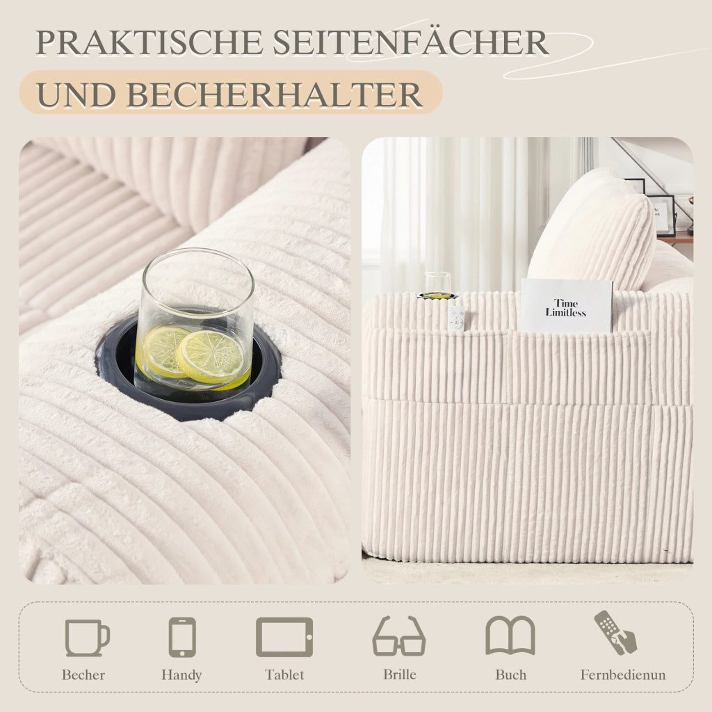 Divano diritto in corduroy con tasche laterali e portabicchieri, seduta compatta e stabile beige 158 × 93 × 61 cm