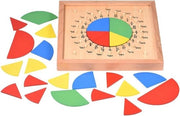 Giocattolo educativo per bambini in legno per l'apprendimento di matematica e concetti frazionali.