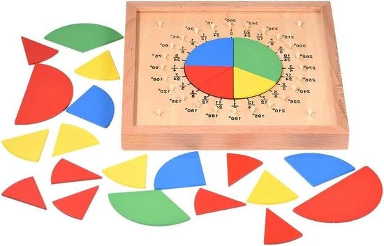 Giocattolo educativo per bambini in legno per l'apprendimento di matematica e concetti frazionali.