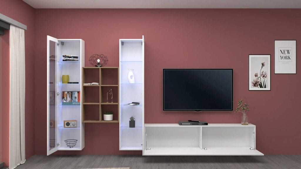 Parete attrezzata mobile TV bianco sospeso 2 vetrine libreria Yves WH