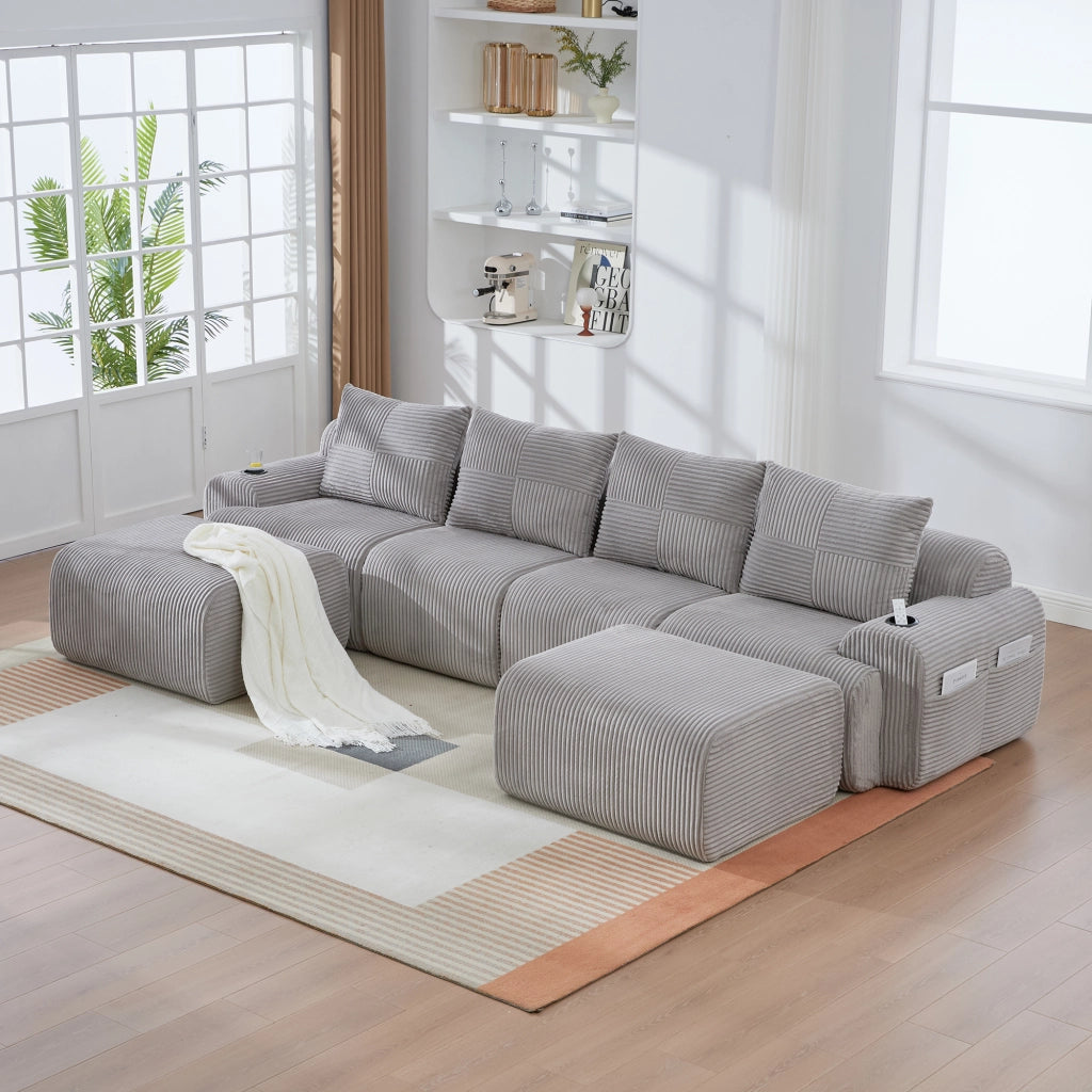 DIVANO modulare 4 posti 333x174x80 cm in corduroy grigio chiaro