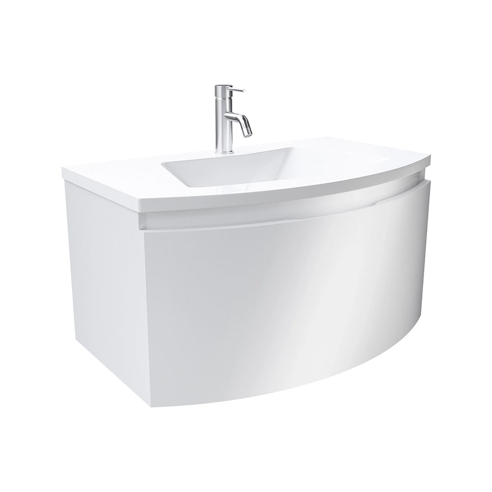 Mobile sospeso 100 cm bianco lucido con un cassetto e lavabo in ceramica, frontale curvo | Lula