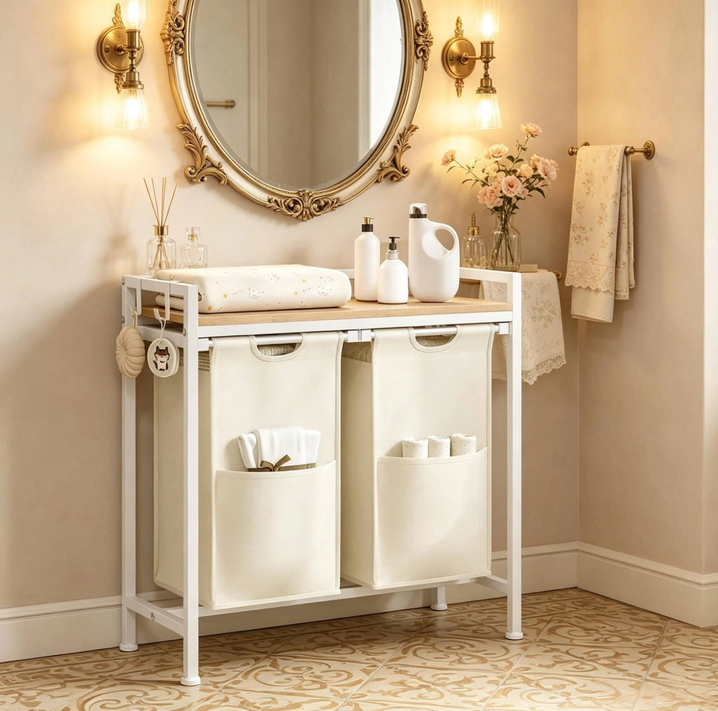 Portabiancheria a 2 scomparti 70 x 71 x 30 cm in legno chiaro e bianco