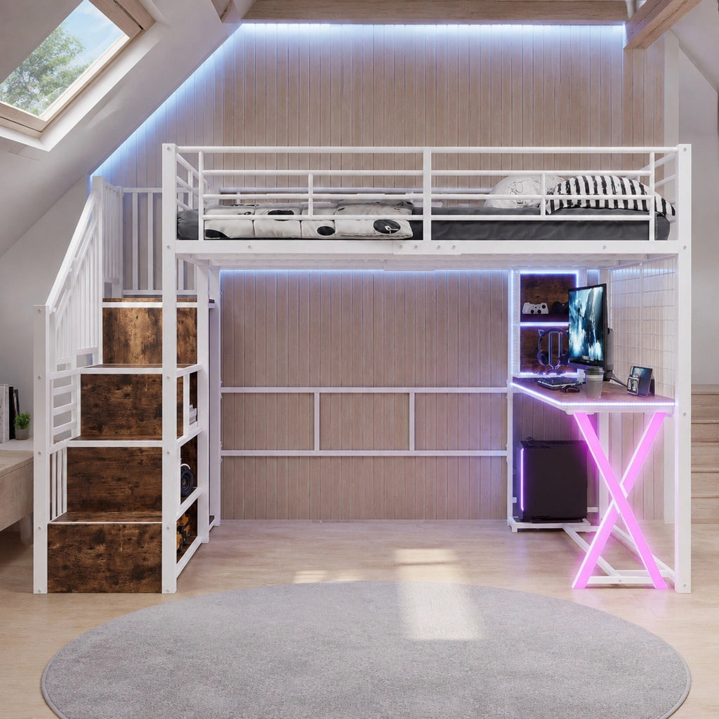 Letto a soppalco 140x200 cm con scrivania, armadio e LED