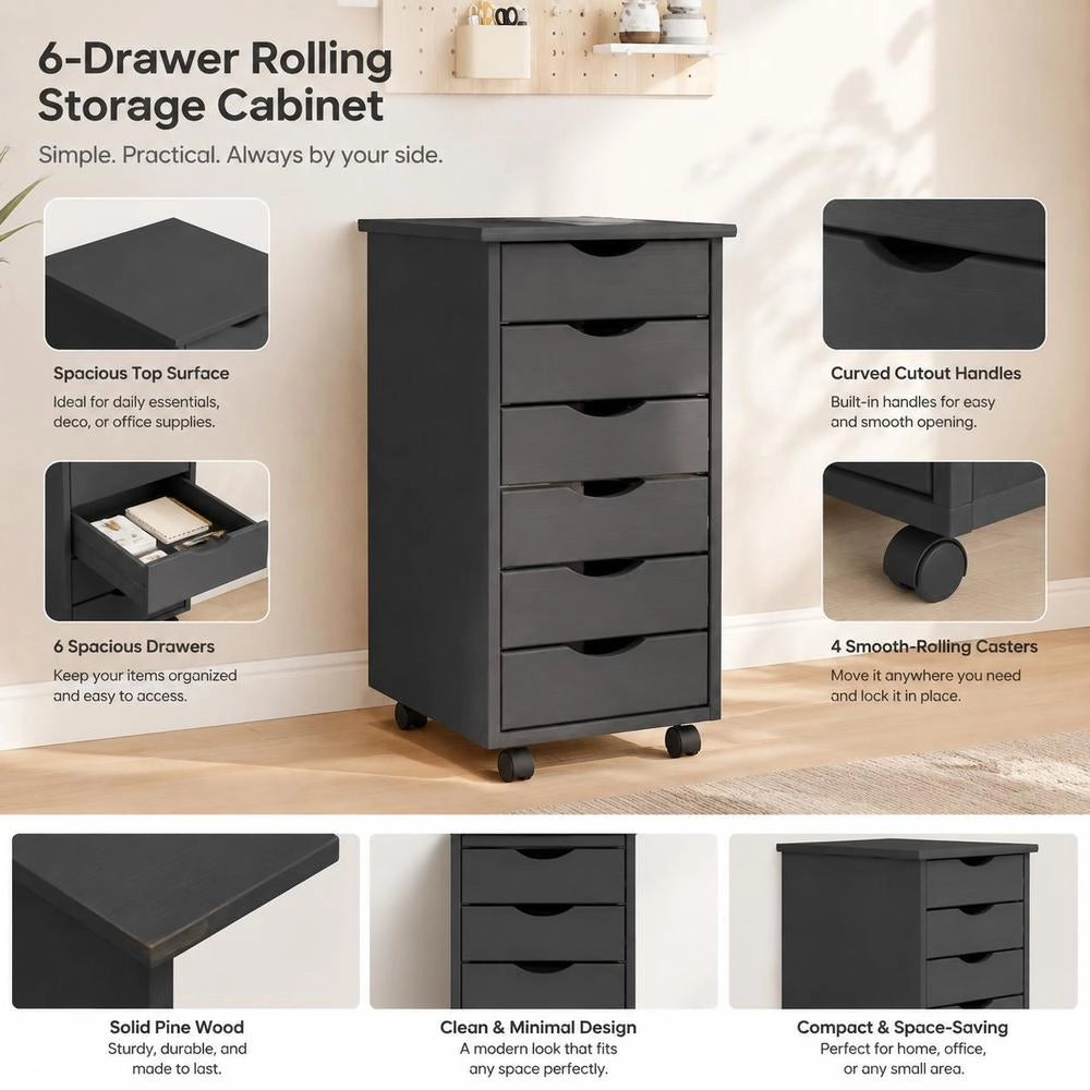 Rolling Cabinet With Drawers MOSS Grey Solid Pine Wood