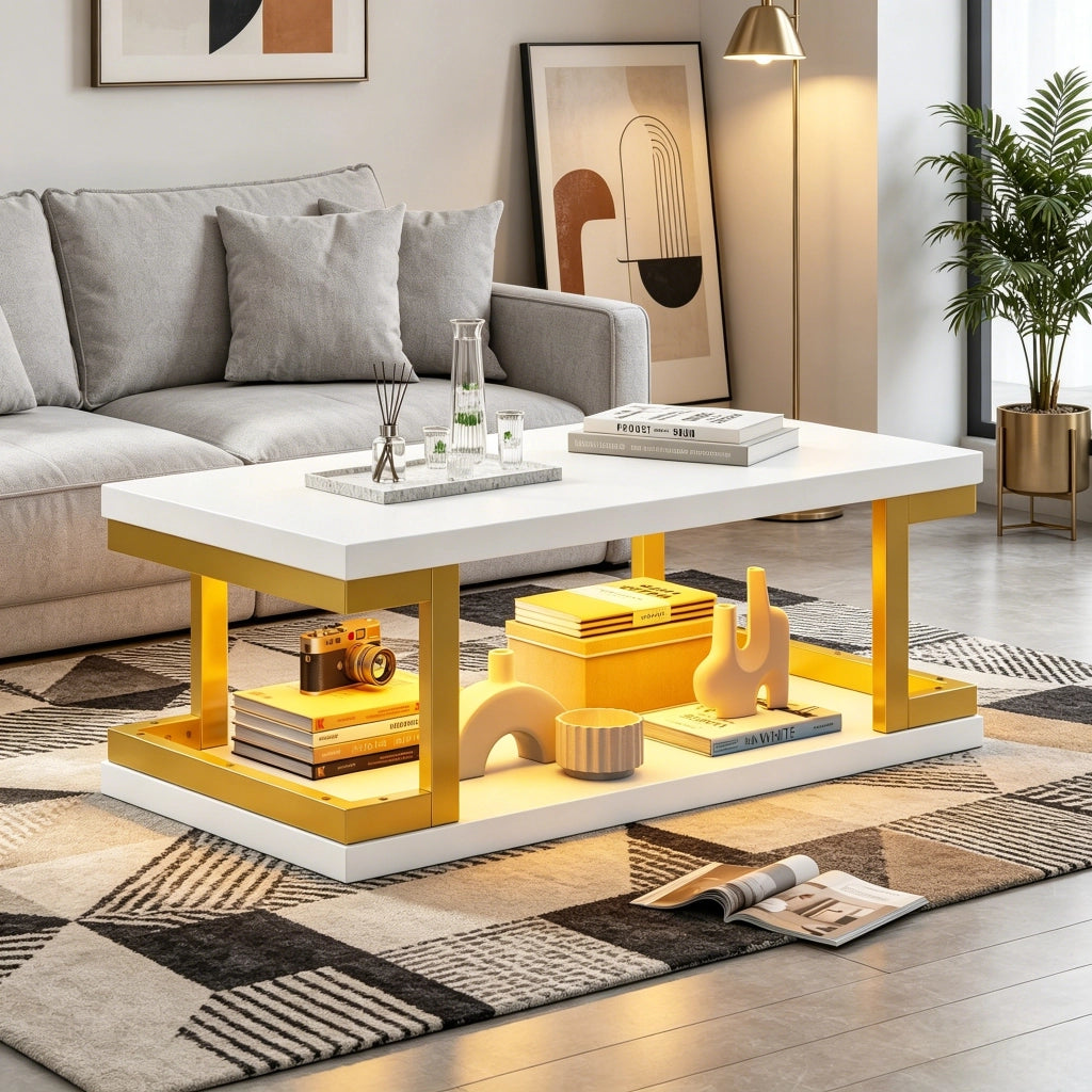 Tavolino da caff¨¨ rettangolare 100 ¡Á 50 ¡Á 37,5 cm con illuminazione LED, struttura in MDF e metallo, colore bianco e oro