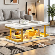Tavolino da caff¨¨ rettangolare 100 ¡Á 50 ¡Á 37,5 cm con illuminazione LED, struttura in MDF e metallo, colore bianco e oro