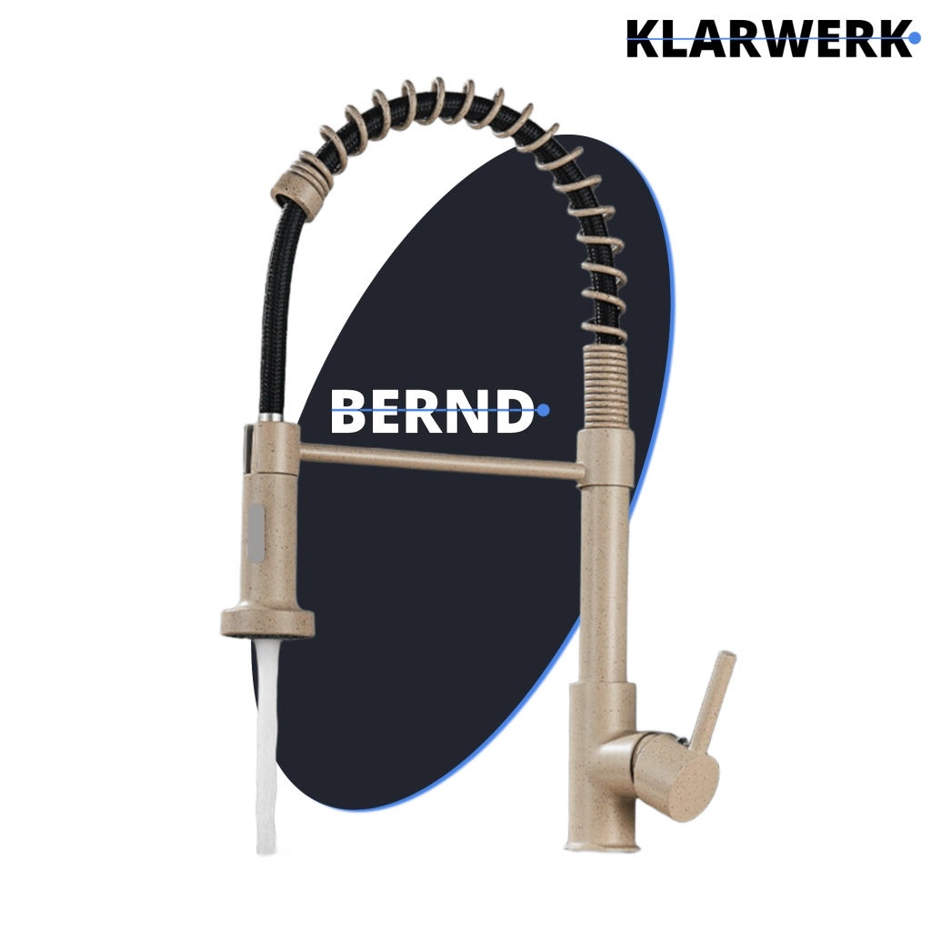 BERND | Rubinetto girevole beige da cucina in acciaio inossidabile |Miscelatore professionale girevole a 360 gradi con doccia | Alta pressione 2 porte