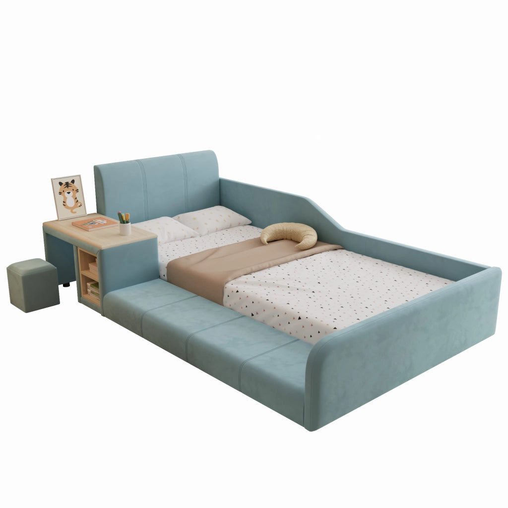 OKWISH Letto Bambino 90×200 cm, Letto Singolo con Scrivania Laterale, Sgabello e Ripiani, senza Materasso, in Velluto, Blu