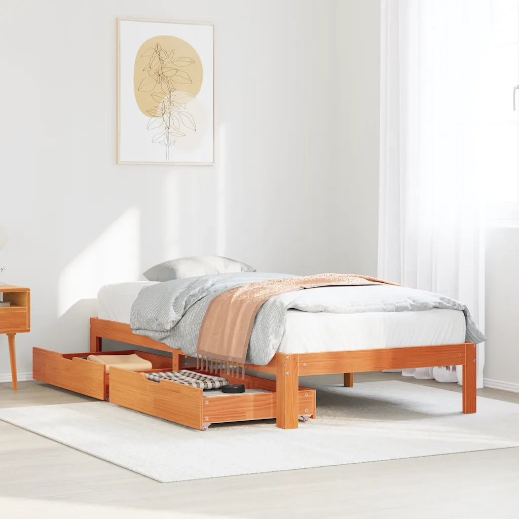 Giroletto Cassetti-Struttura Letto con contenitore Marrone Cera 90x200 cm Legno Massello Pino 569313