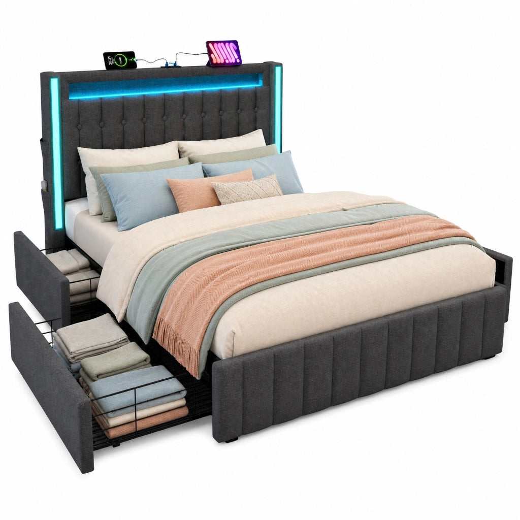 Letto matrimoniale 160x200 in lino grigio con USB Tipo C, LED e 4 cassetti