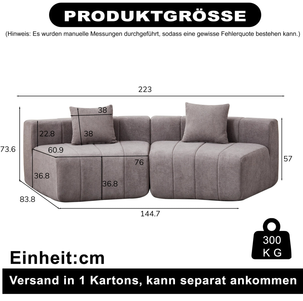Modulo divano curvo modulare in chenille grigio con 2 cuscini, design a semicerchio