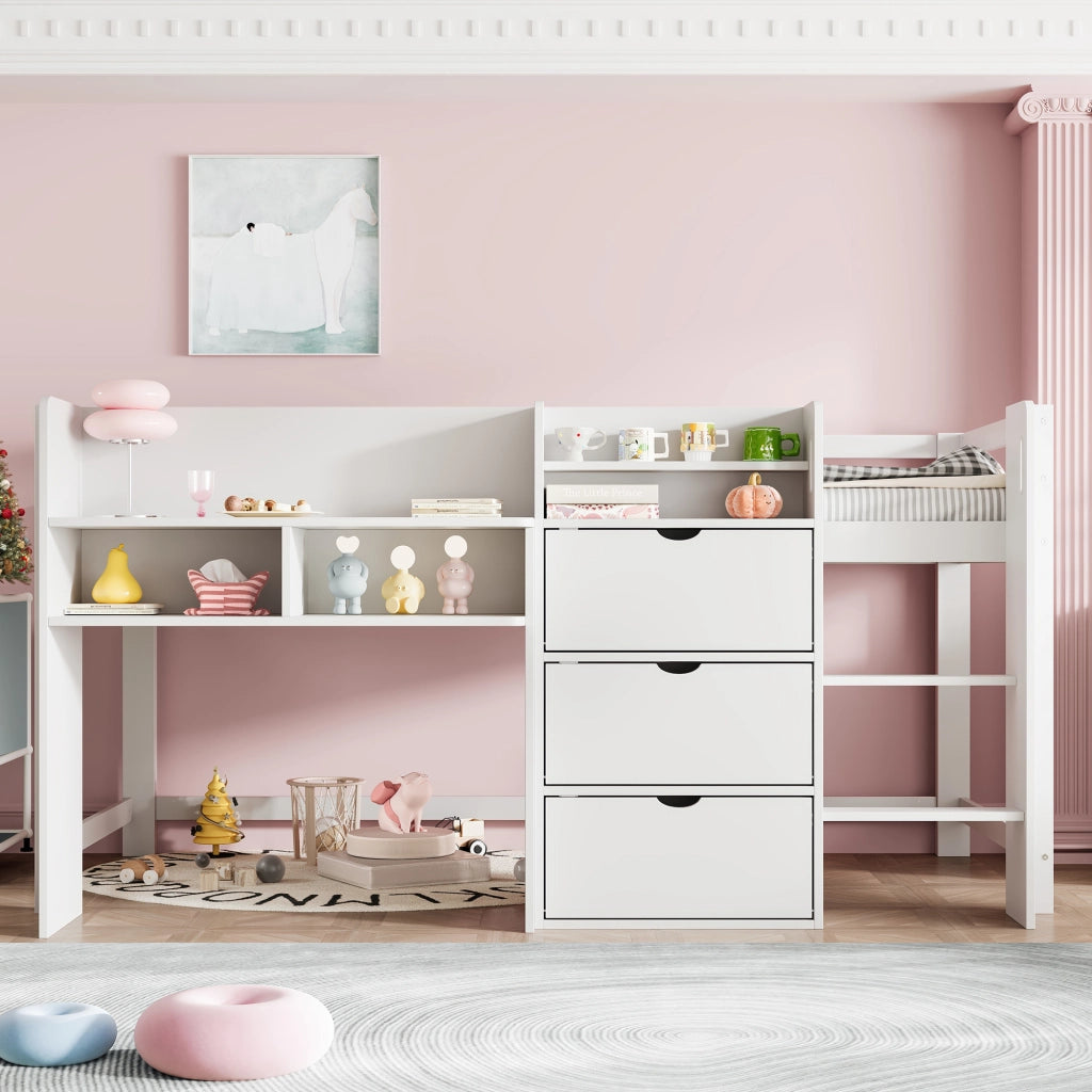 OKWISH Letto a Soppalco 90×200 cm, Letto Singolo con Contenitori, 3 Scomparti Chiusi e Mensole, senza Materasso, in Pino, Bianco