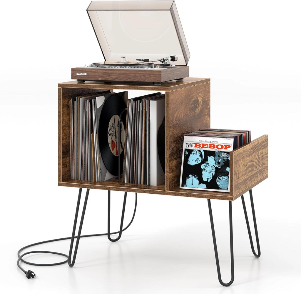 Supporto per giradischi, 66 x 45 x 67 cm, tavolino con stazione di ricarica integrata, mensola in vinile con gambe in metallo, armadio per camera da letto, soggiorno (marrone)
