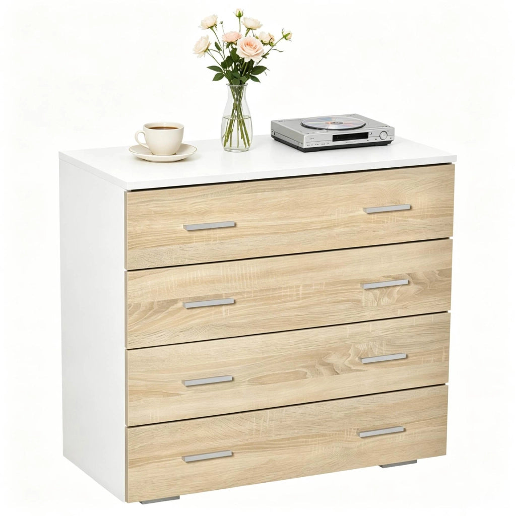 Cassettiera 76x35x72 cm bianca e legno chiaro; 4 cassetti con maniglie metalliche