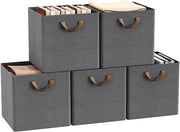 Set di 5 Cubi di Tessuto, Scatole Ripiegabili da Ripiano con Maniglia e Telaio in Metallo, Grigio, 32,5x32,5x31cm