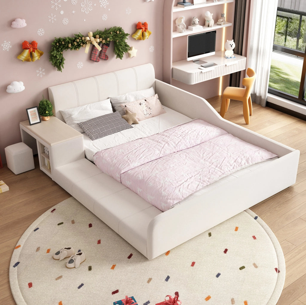 Letto imbottito per bambini con scrivania, sgabello e ripiano 140x200 cm bianco