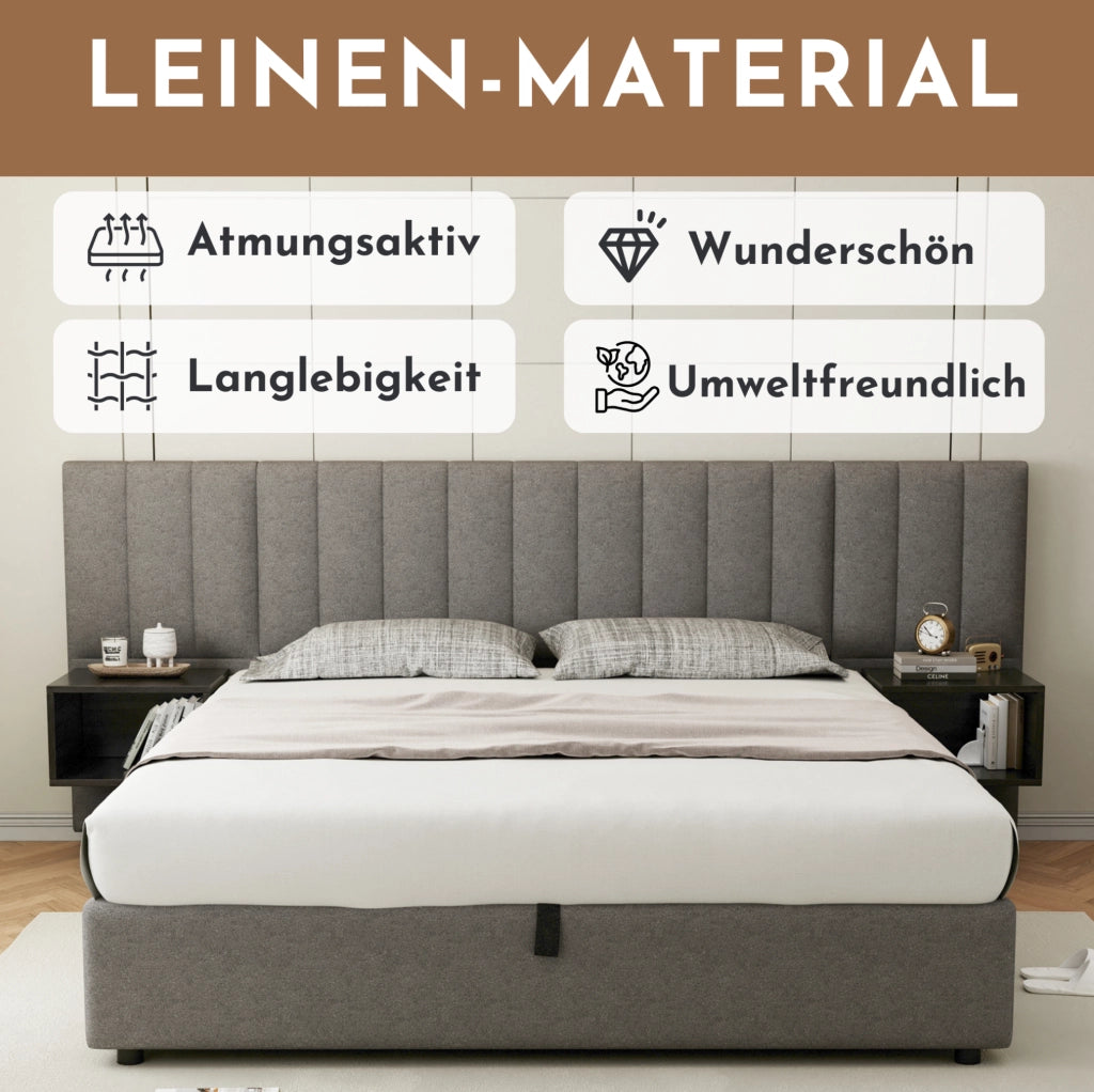 Letto contenitore 180 x 200 cm in lino grigio e nero con 2 comodini
