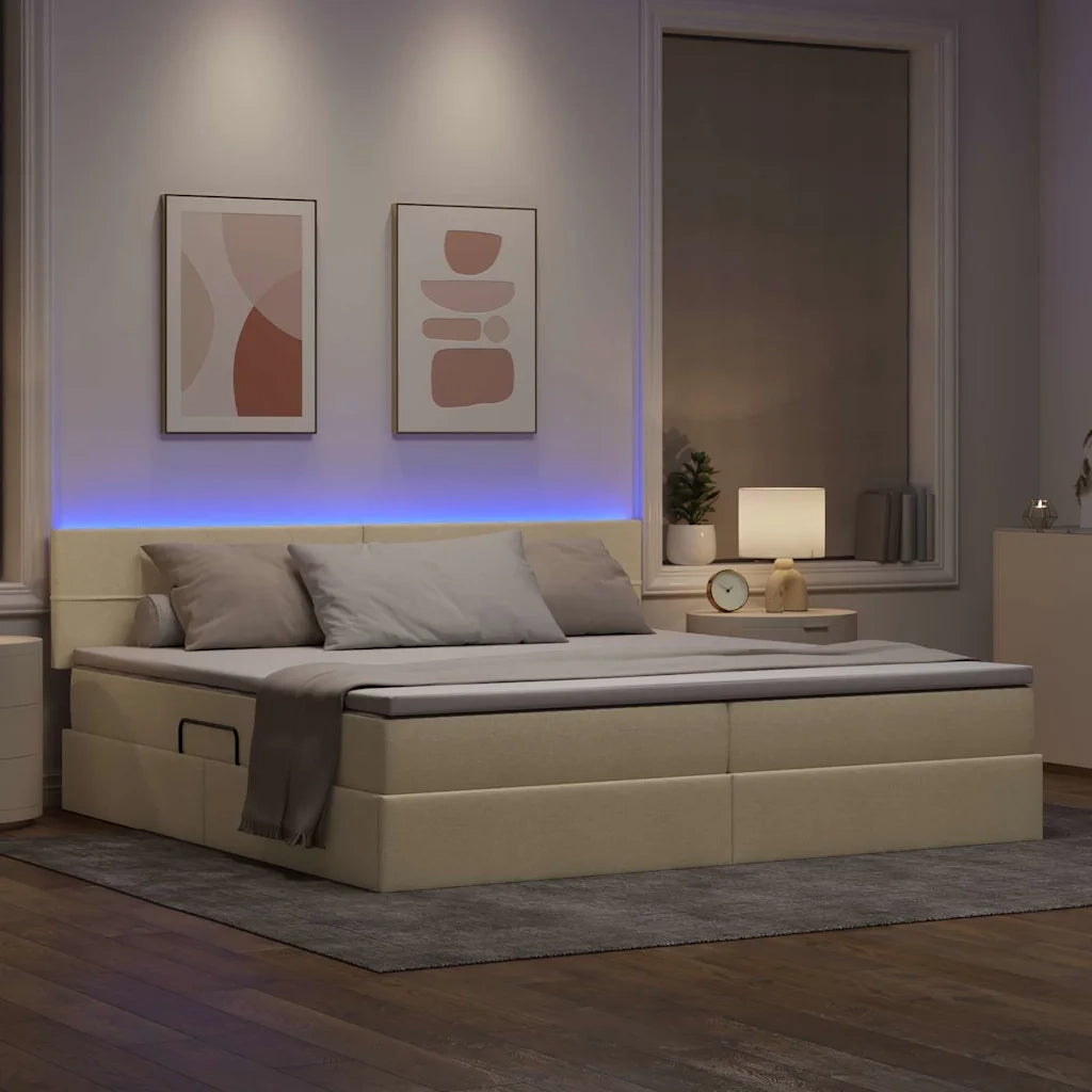 Letto con contenitore e LED con led Crema 200 x 200 cm Tessuto 3371170