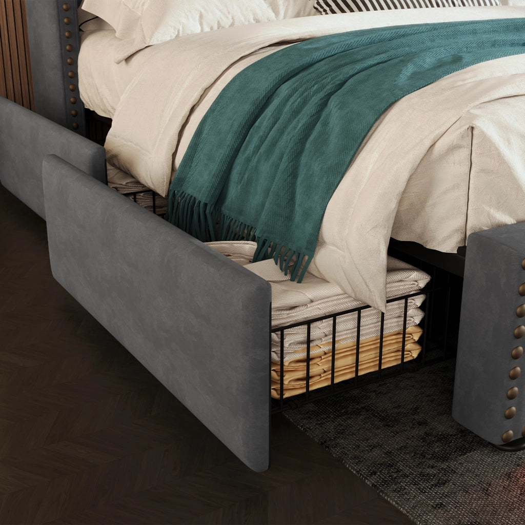 Letto matrimoniale 140x200 in velluto grigio con 4 cassetti, LED, porte USB/Type-C e materasso incluso