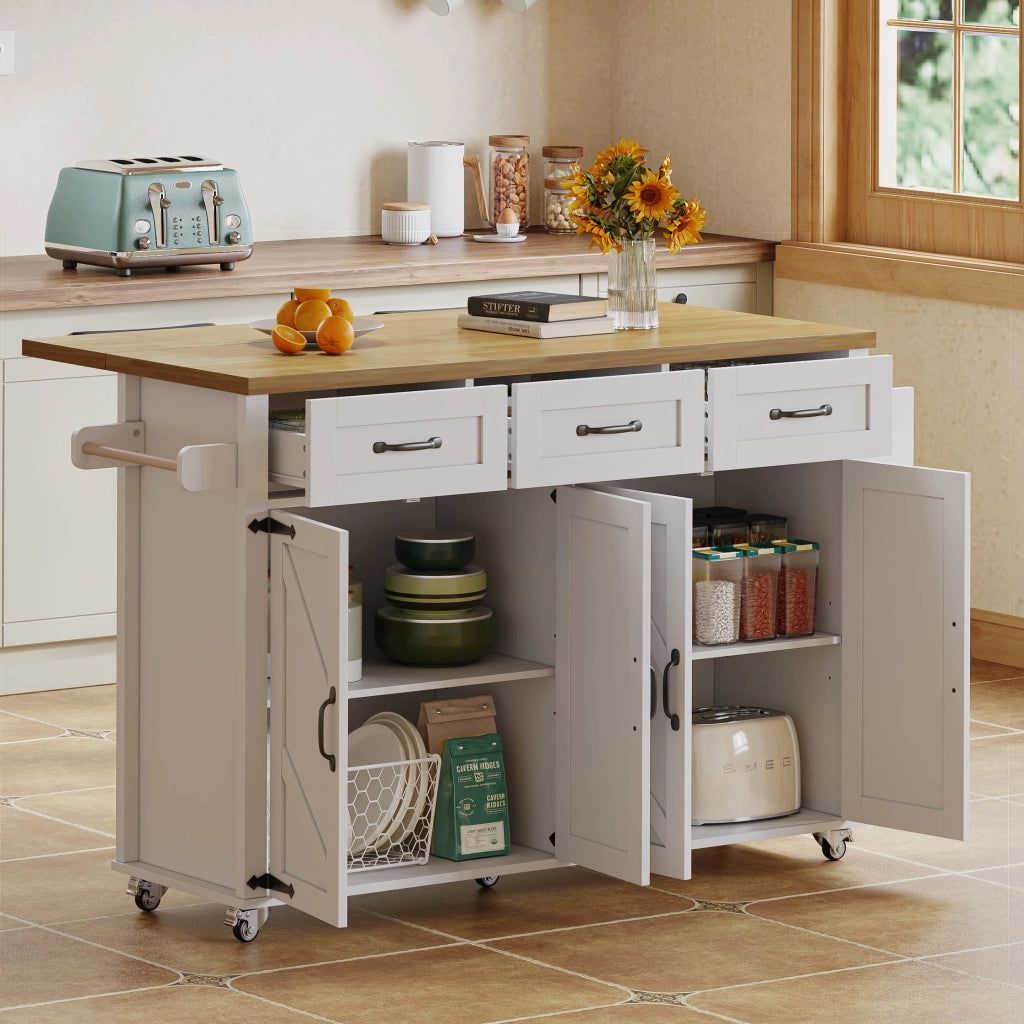 Carrello da Cucina con 4 Ante e 3 Cassetti; Piano Ribaltabile e Portaasciugamani; in MDF; 140x43(70)x90.5 cm