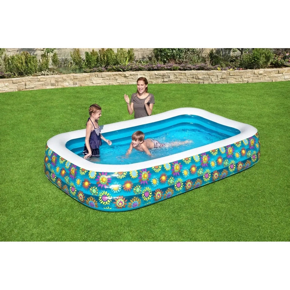 Trade Shop - Piscina Gonfiabile Family Rettangolare A 3 Anelli Decoro Fiori 305x183x56 Cm 54121 -