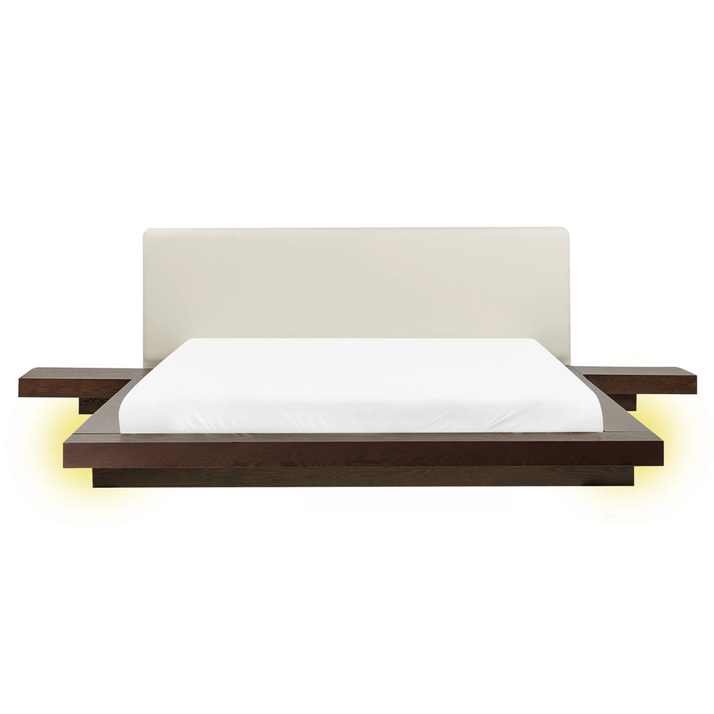 Letto LED in stile giapponese in frassino scuro 160 x 200 cm testata in legno impiallacciato MDF testata in ecopelle camera da letto a basso profilo