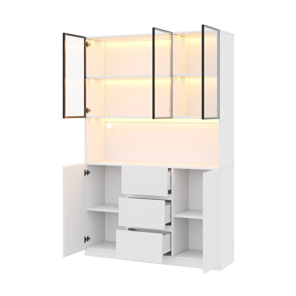 Vetrina con 3 cassetti; 2 ante; LED - per soggiorno - 120×40×200 cm - bianco