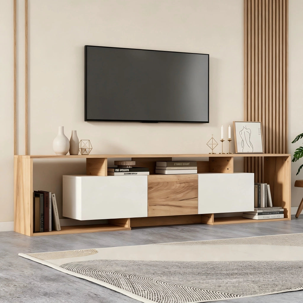 Mobile TV moderno 180x30x49 cm con 2 ante a ribalta, 1 anta e 3 vani aperti, bianco e effetto legno naturale