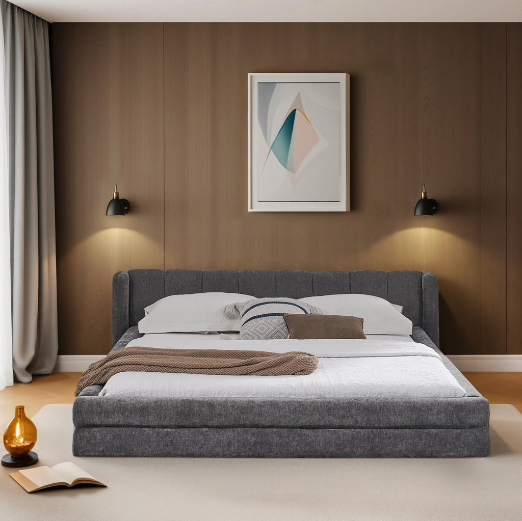 Letto matrimoniale 140 × 200 cm con testiera imbottita, senza materasso, in ciniglia, grigio scuro