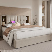 Letto contenitore 140x200 cm con ricarica wireless; USB e USB-C; in lino naturale con materasso